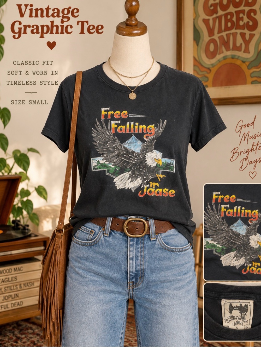 Jaase- vintage distressed Y2K -Free Falling Eagle Graphic Tee - Black